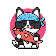 CUTE BLACK CAT IS WEARING HEADBAND AND HOLDING A FISH CARTOON LOGO