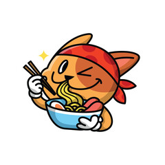 CUTE CAT IS EATING RAMEN NOODLE WITH COPSTICK LOGO DESIGN