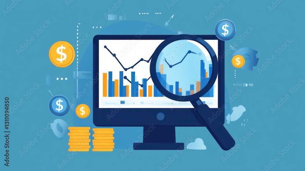 Poster analyzing financial data on a computer screen