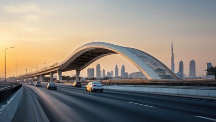 Obraz premium Dubai highway at sunrise with elevated bridge