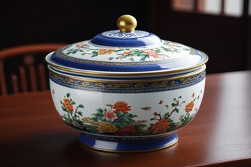 there is a large bowl with a lid on a table