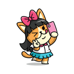 CUTE SCHOOL GIRL CAT DOING SELFIE CARTOON ILLUSTRATION