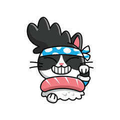FUNNY SMILING CAT WITH A HEADBAND AND HOLDING A BIG SUSHI CARTOON LOGO