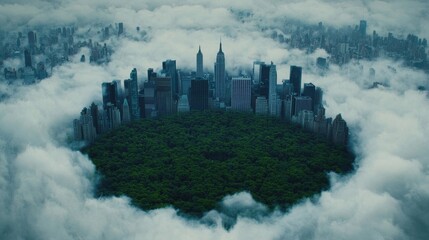 Fototapeta premium Urban Skyline Surrounded by Lush Green Forest and Misty Clouds
