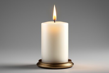 realistic realistic white candle with a burning flame on a gray background
