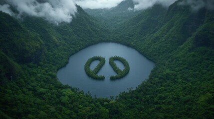 Aerial View of Lush Green Lake Surrounded by Majestic Mountains