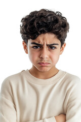 Boy with curly hair showing frustration and anger on isolated white background, expressive child emotions, preteen facial expression, youth feeling upset.