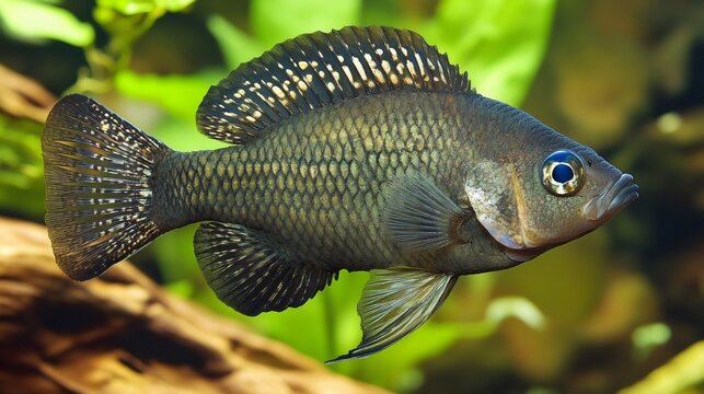 Green chromide cichlid swimming in freshwater aquarium
