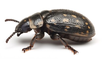 Naklejka premium Studio shot of a pleasant beetle, showcasing its intricate patterns and anatomy against a white backdrop