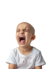 Child crying in distress with open mouth expressing emotions on isolated white background, toddler frustration and temper tantrum concept.