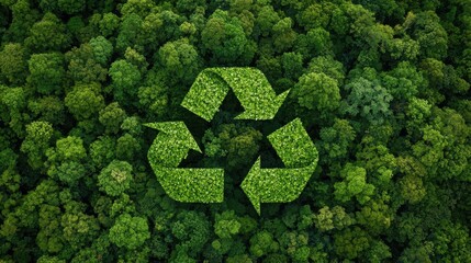 Green Recycling Symbol Surrounded by Lush Forest Canopy Photo