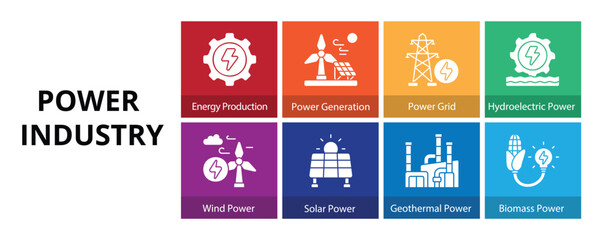 Power Industry Glyph Solid Banner Web Icon Set Vector Illustration, Energy Production Power Generation Grid Hydroelectric Wind Solar Geothermal Biomass