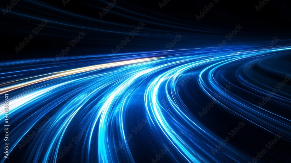 Poster bright blue light trails curve dynamically against a dark background, creating a sense of speed and 