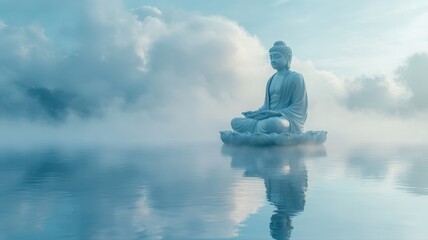 Serene Buddha Statue Meditating on Calm Water Amidst Misty Clouds in Tranquil Landscape