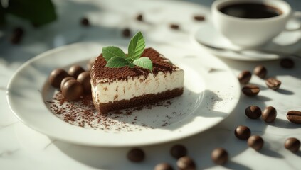 Delicious Tiramisu slice, coffee, and cocoa beans on white plate, sunlight