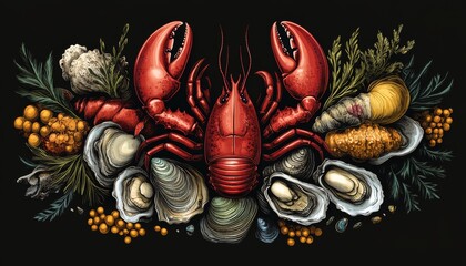 Naklejka premium Seafood centerpiece illustration on black background