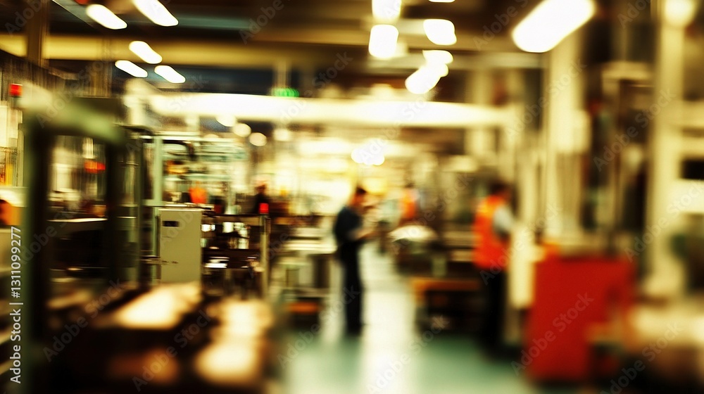 Poster blurred view of factory assembly line with machinery and workers