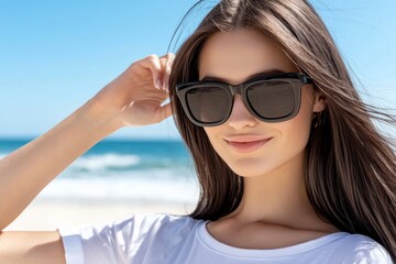 Young woman wearing stylish sunglasses at the beach on a sunny day