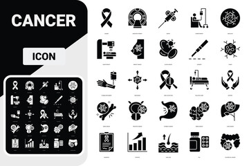 Cancer icon set. Containing tumor, oncology, chemotherapy, biopsy, radiotherapy, ribbon, breast cancer and more. Vector solid icons collection