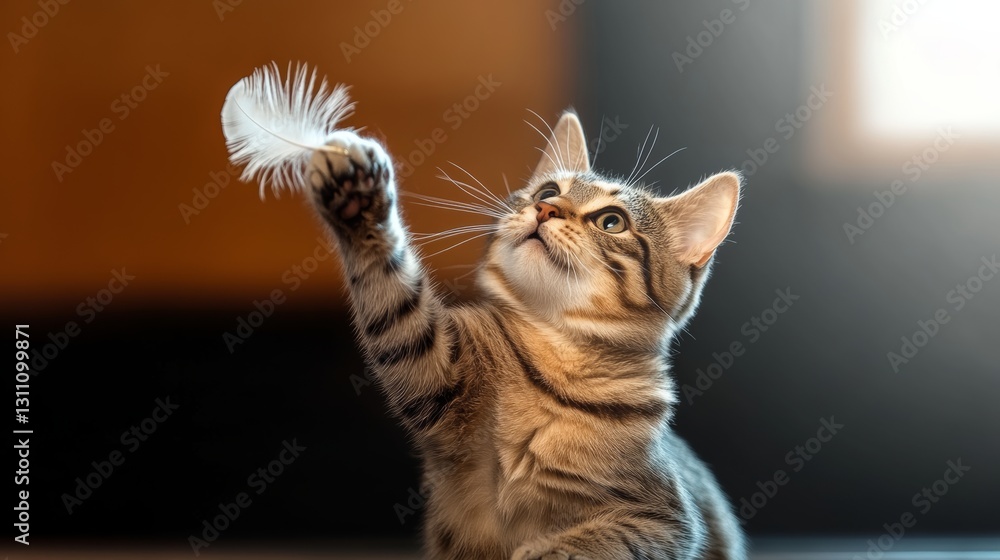 Poster cat is playing with a feather, and it looks like it's having fun. the cat is in a playful mood, and 