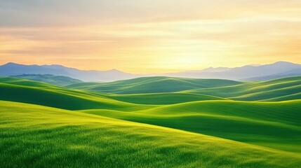 Obraz premium Rolling Green Landscape Beneath A Sunrise Sky