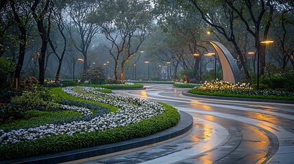 Obraz premium Serene Park Pathway Lush Greenery Evening Lighting Landscape Design