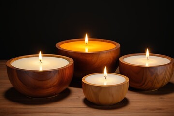 three candles are lit in wooden bowls on a table