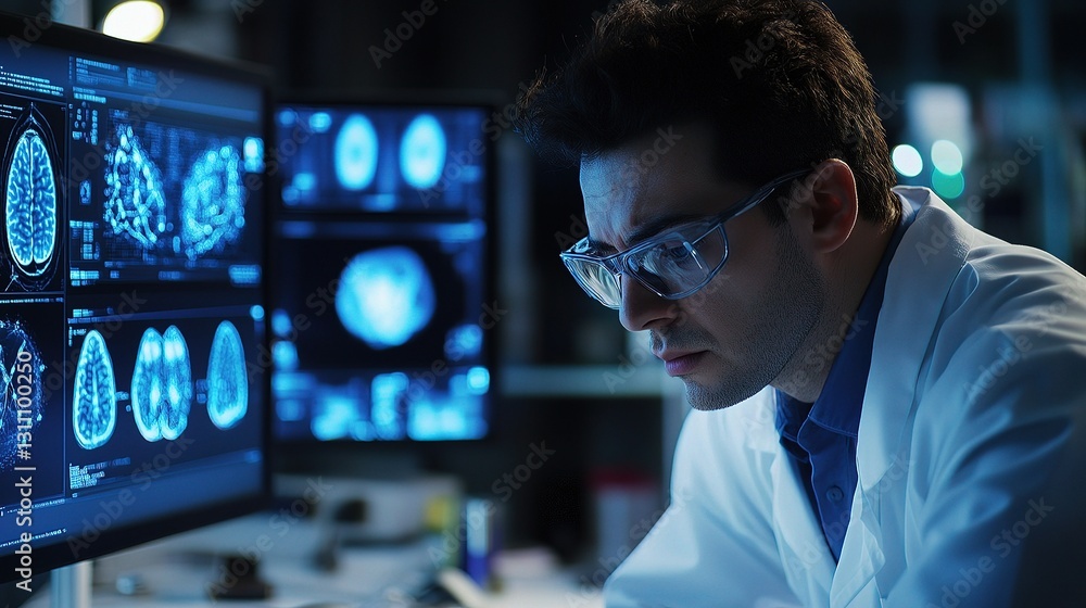 Poster scientist analyzing brain data on computer interface technology