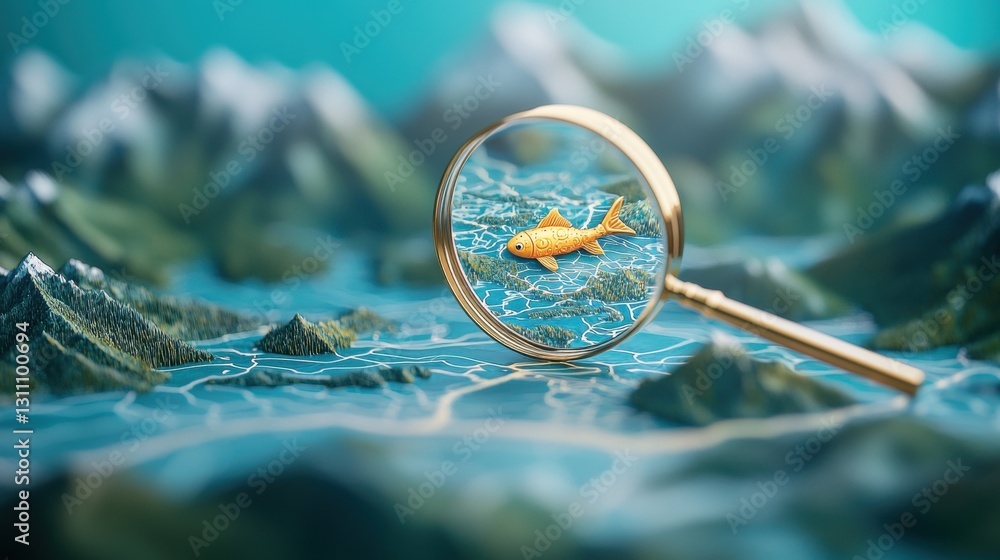 Poster a 3d location pin with a magnifying glass hovering above it, revealing a detailed view of the surrou