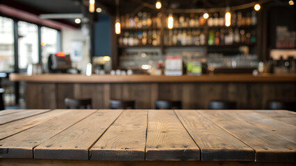 A rustic wooden table in a stylish restaurant or bar with warm lighting, blurred chairs, and a stocked bar in the background