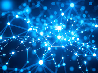 A futuristic AI neural network visualization with glowing blue and white interconnected nodes.