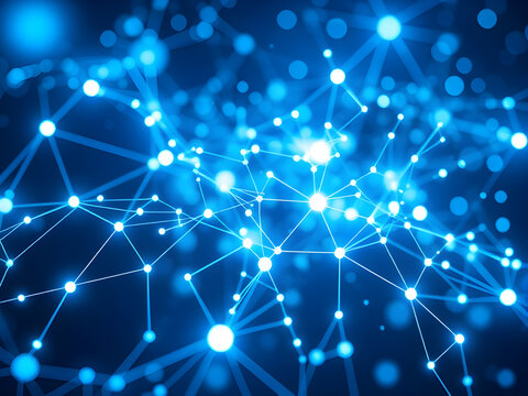 A futuristic AI neural network visualization with glowing blue and white interconnected nodes.