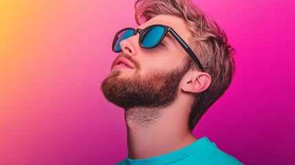 Man with a beard and sunglasses is standing in front of a pink background. The sunglasses are black and the man is looking up