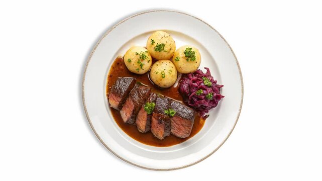 Sauerbraten. German Marinated Beef. Seamless Loop. Slow-baked to perfection, featuring a rich, dark brown caramelized crust. Tender, fibrous meat, fully infused with marinade. Served with a thick, dee