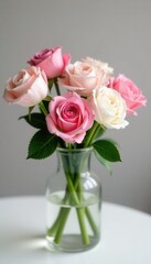 Delicate pink and white roses in a clear glass vase , centerpiece, white, pastel