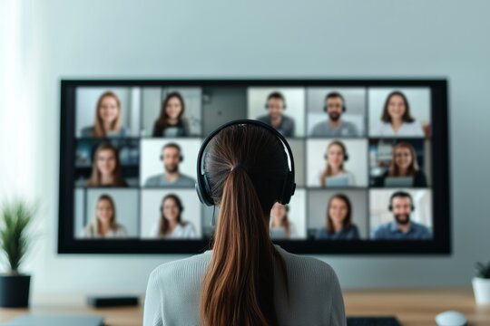 Woman wearing headphones is watching a video on a large screen. The video is a group video call with many people on the screen. The woman is sitting at a desk with a computer and a keyboard - Powered by Adobe