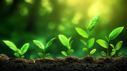 Sustainable business or green business A serene view of young green sprouts growing from dark soil, symbolizing growth and renewal in nature.
