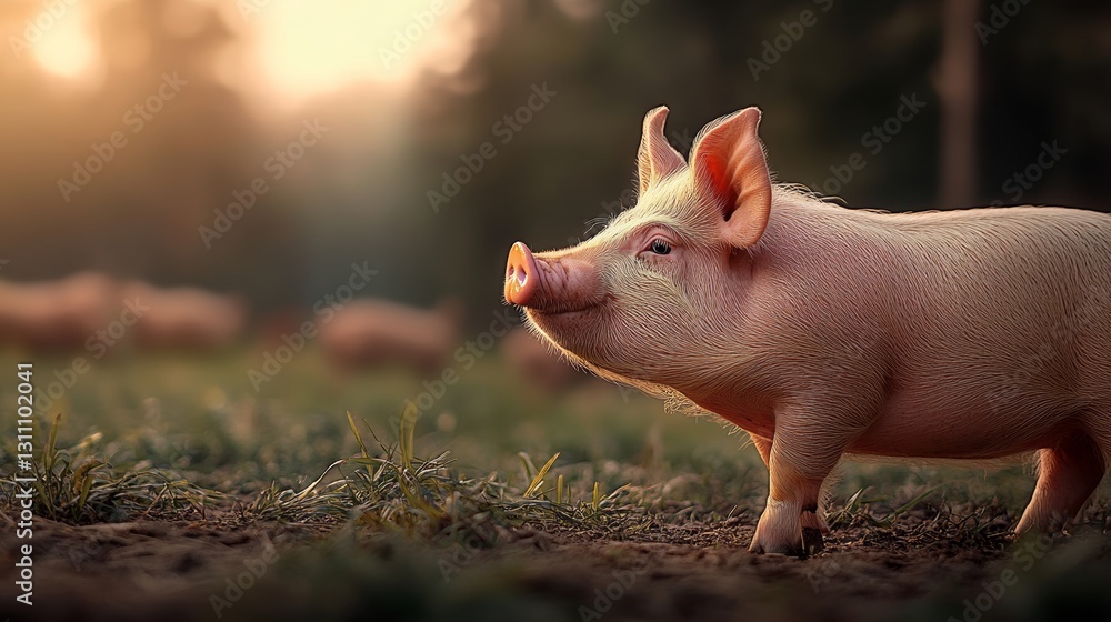 Poster pig is standing in a field with other animals. the pig is looking at the camera and he is curious