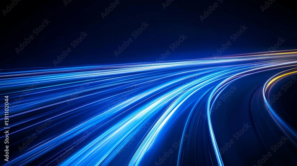 Poster bright blue light trails curve dynamically against a dark background, creating a sense of speed and 