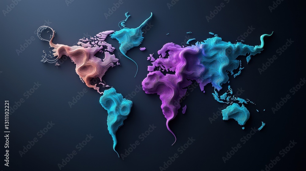 Poster world map with colorful data streams flowing between continents, representing global trade patterns,