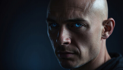 Fototapeta premium Strong Bald Man with Blue Eyes and Cool-Toned Lighting