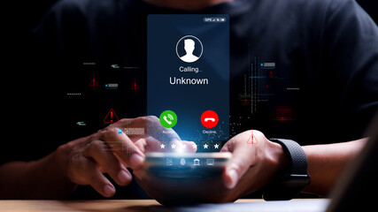 Unknown number displayed showing on smart mobile phone. Human use smartphone with incoming call...