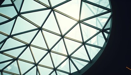 Geometric dome roof with triangle-shaped glass panels indoors.