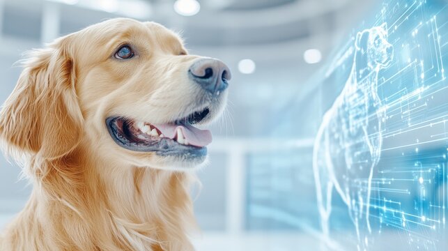 Golden Retriever With Digital Hologram Of A Fellow Dog.