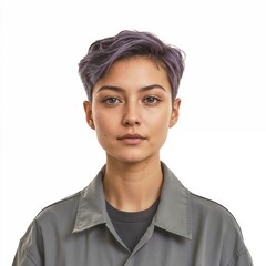 Person with light honey skin, short dark purple hair in a smooth slate gray jacket, casual lean, soft youthful glow, full view, isolated on white background - Generative AI