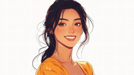 Beautiful Woman with Dark Hair Smiling Warmly in Bright Yellow Top