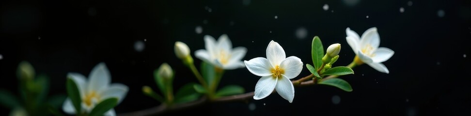 Fototapeta premium Delicate white jasmine blossoms contrast sharply against a deep black background , photography, perfume