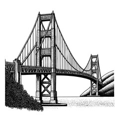 Intricate engraved illustration of a majestic bridge spanning a serene river surrounded by lush hills at dusk