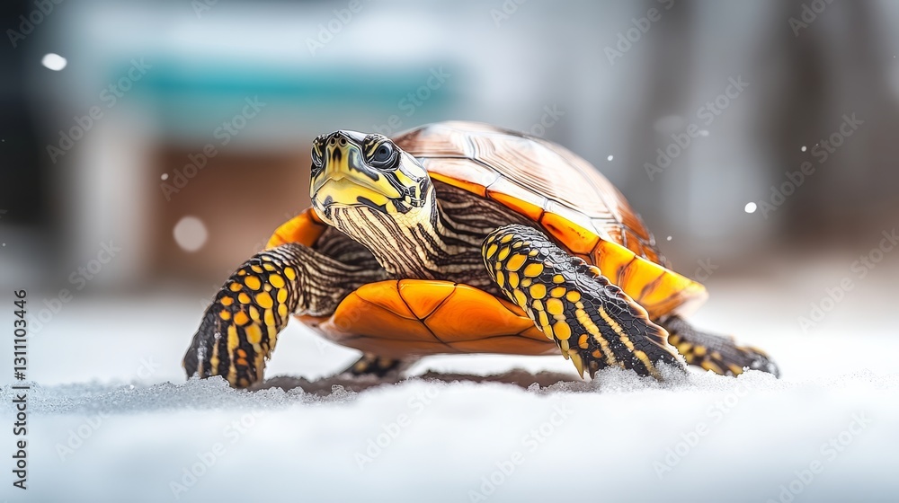 Poster turtle is standing on a snowy surface. the turtle is orange and black. the turtle is looking at the 