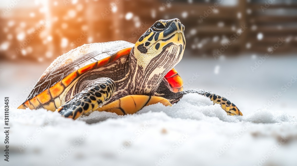 Poster turtle is laying in the snow. the turtle is small and has a red stripe on its neck